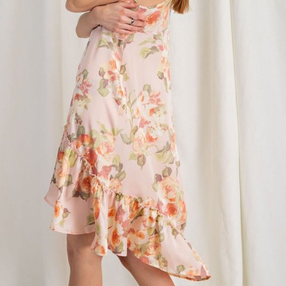Easel Peach Satin Floral Print Hi Low Cami Dress - Picture 5 of 5